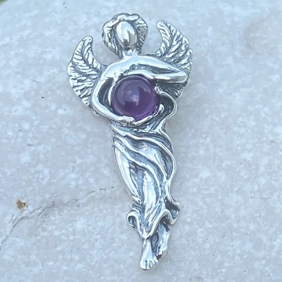 Dream Angel Pendant solid .925 Sterling Silver w/ genuine Amethyst made in USA - Picture 6 of 12